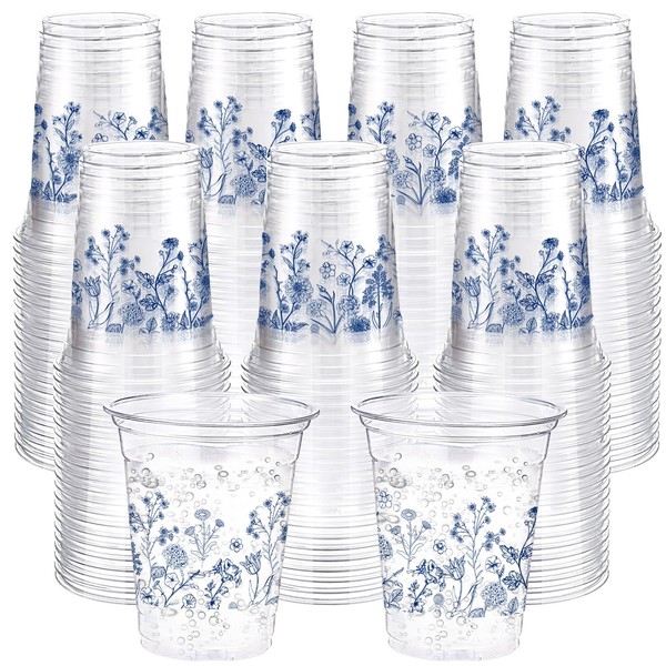 Jingmore 100 Pcs Blue Floral Plastic Cups 12 oz Blue