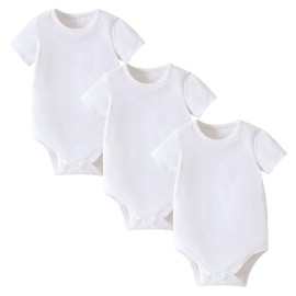 ROMPERINBOX Baby Girl Short Sleeve Onsies 3-6 Months, 3 Pack Multi Colors Baby Bodysuit, Knitted Solid, Crew Neck (White, 3-6M)