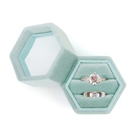 DesignSter Hexagon Velvet Ring Box - Premium Gorgeous Vintage Double Ring Display Holder with Detachable Lid for Proposal, Engagement, Wedding, Ceremony (Mint green)
