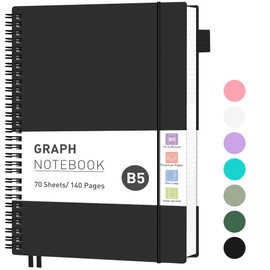 RETTACY Squared Spiral Notebook B5 Graph Grid Wirebound Journal with 140 Pages,PVC Pocket, Pen Loop, Ruler, Bookmark for Women Men Work Office School, 19 x 25 cm- Black