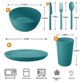 afcevnlb 24pcs Wheat Straw Dinnerware Sets, Wheat Straw Plates and Bowls Sets for 4 Microwave Dishwasher Safe Lightweight （Green）