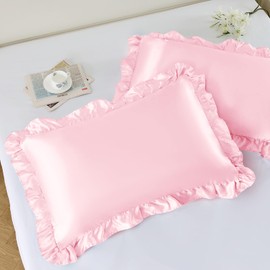 NSGZ Ruffled Satin Pillowcase Set of 2, Standard Size Silky Pillow Shams for Hair and Skin Care, Pink Satin Pillow Covers with Envelope Closure, Anti Wrinkle Pillow Cases for Princess Room Decor