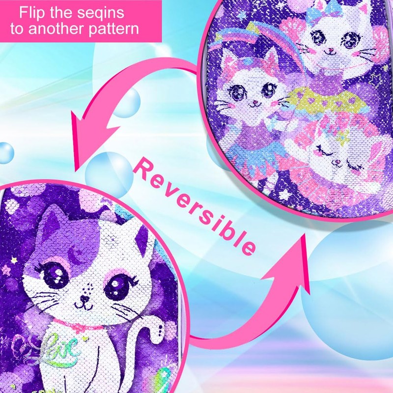 Girls Toddler Cat Backpack, Water Resistant Sequins Kindergarten Bookbag, 13"