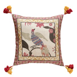 patdrea Designer Throw Pillow Cover 18"x18",Vintage Bird and Floral Pattern Linen Pillows Cover with Red and Yellow Pendant Charms,Square Decorative Pillowcases for Couch Bed Living Room Outdoor