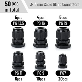 Bates- Nylon Cable Gland, 50 pcs, 3-16 mm Cable Gland Connectors, PG7, PG9, PG11, PG13.5, PG16, PG19, Waterproof Cable Connector, Black Cord Grip, Plastic Cable Connector, Cable Glands Waterproof