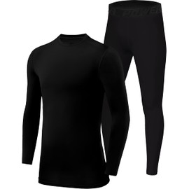 PowerLayer Skins for Boys Kids Base Layer Thermal Long Sleeve Top & Tights Football Compression Set - Black Top + Black Stealth Tights, 8-10 Years