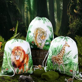 Ferraycle 24 Pcs Safari Drawstring Bags Safari Goodie Bags Party Favors Bags Party Treat Bags Jungle Animals Party Bags for Birthday Party Baby Shower, 9.8 x 11.8 Inch