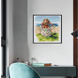 Cukol Cross Stitch Set Pre-Printed Adult Girls by the Sea, Embroidery Templates Embroidery Pictures Pre-Printed Cross Stitch Embroidery Kits Embroidery Kit Embroidery Set for Adults, 11ct Cross Stitch