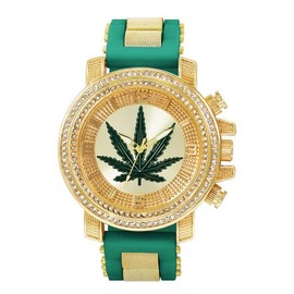 MaxBling81 Men Watch Weed Leaf Dial Iced Gold Silver Tone Silicone Band Hip Hop Style Bling Wristwatch Fashion - Color: GREEN