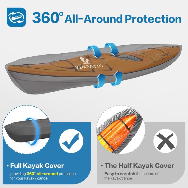 Kayak Cover 600D, Waterproof Full Coverage Canoe Cover with Zipper,