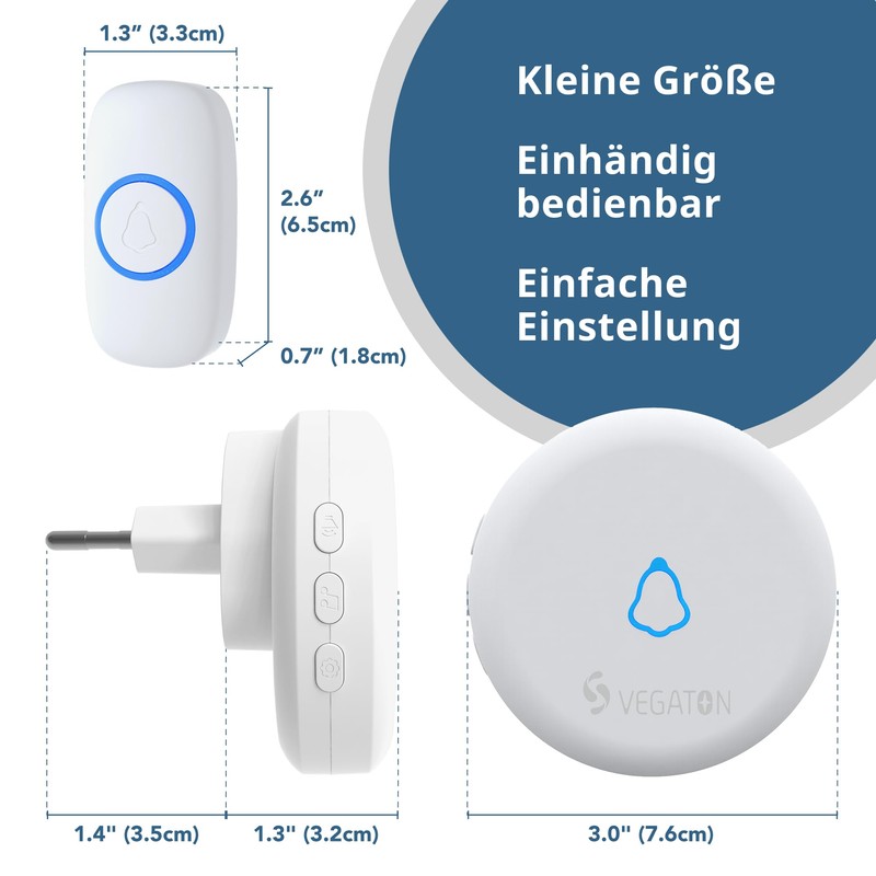 VEGATON Wireless bell, outdoor waterproof bell, waterproof with 1 plug-in