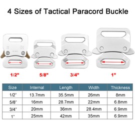 CooBigo 8 Pack Paracord Buckles for Bracelet,1/2 Inch, 5/8 Inch, 3/4 Inch, 1 Inch Metal Buckle Paracord Clasp Pet Collar Hardware Tactical Buckle Backpack Clips Parachute 550 Buckle(Silver)