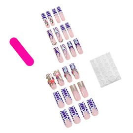Extra Long Press on Nails with Lollipop Charms Square Rhinestone Fake Nails Glossy Blue French Flame Crocodile Print Glue on Nails Long Square Manicure Stick on Nails Cute False Nails for Women 24PCS