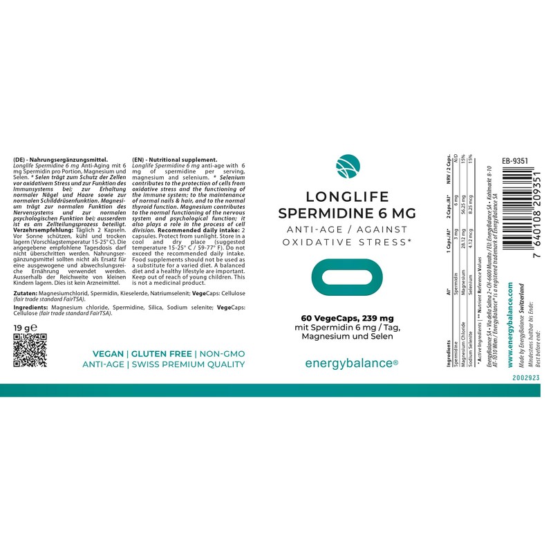 Longlife Spermidine 6mg Anti-Age mit Spermidin, Magnesium und Selen -