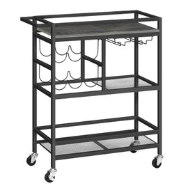 MAHANCRIS Bar Cart for Home, 3-Tier Serving Cart with Wheels and Handle, Beverage Cart with Wine Rack and Glass Holders, Rolling Wine Cart for Kitchen, Dining Room, Charcoal Gray and Black RCHT6101