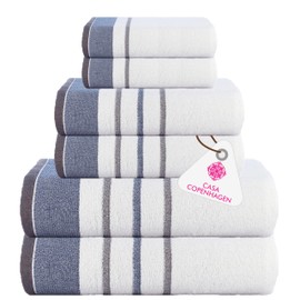 CASA COPENHAGEN White Bay, 6 Pieces Towel Set- White with Blue and Grey Border, 600 GSM, 2Bath, 2Hands, 2Washcloths Egyptian Cotton Towel for Hotel Spa Kitchen Bathroom Kitchen & Shower
