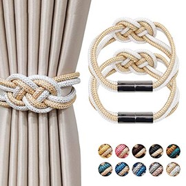 NICEEC 2 Pack Strong Magnetic Curtain Tiebacks Upgrade Nordic Simple Style Drape Tie Backs Double Color Weave Rope Knot Decorative Curtain Holdbacks for Home & Office Window Drapery (Beige & White)