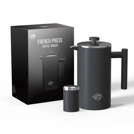 CrossCreek French Press Coffee Maker, 304 Stainless Steel Coffee Press 34oz (4 cups) Tea maker with 60g Coffee Canister, Double Wall French Presses with Heat Preservation, Dishwasher Safe Black
