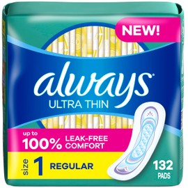 Always Ultra Thin Pads without Wings, Size 1, Regular, 132 Count (3 Packs of 44)