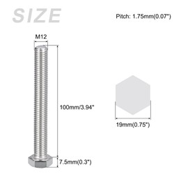 METALLIXITY Hex Bolts (M12-1.75x100mm) 2Pcs, 304 Stainless Steel Coarse Fully Threaded Hex Head Screw Bolt Machine Screws - for Furniture Repair, Silver