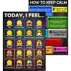 Emoji Feelings Chart and Keep Calm Posters Laminated 14x19.5 Educational Charts, Classroom Posters and Decorations, Back to School Supplies, Virtual Learning, Preschool Kindergarten and