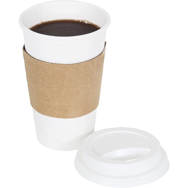 CucinaPrime 16oz White Disposable To-Go Paper Coffee/Hot Beverage Cups with White Lids and Sleeves- 50 Pack