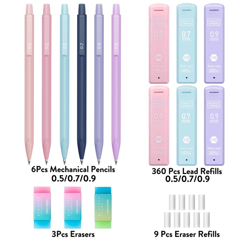 Four Candies Cute Mechanical Pencil Set, 6PCS Pastel Mechanical Pencils