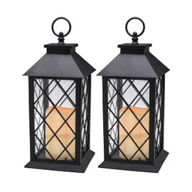 YAKii 13" Decorative Candle Lantern with LED Flameless Candle and Timer, Plastic LED Candle & Holder, Indoor & Outdoor Hanging Lights Thanksgiving &Christmas Day Decorations (Black 2 PCS)