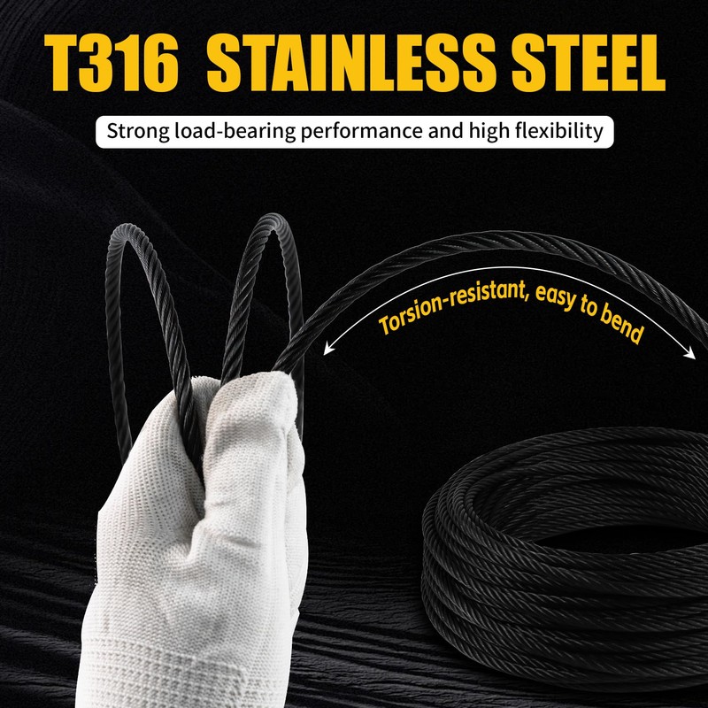 T316 Black 3/16“ Stainless Steel Cable, 250ft Wire Rope 7x19
