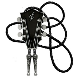 Moranse Bolo Tie With Guitar Music Lover Design Cowboy and Genuine Cowhide Rope (Black 3)