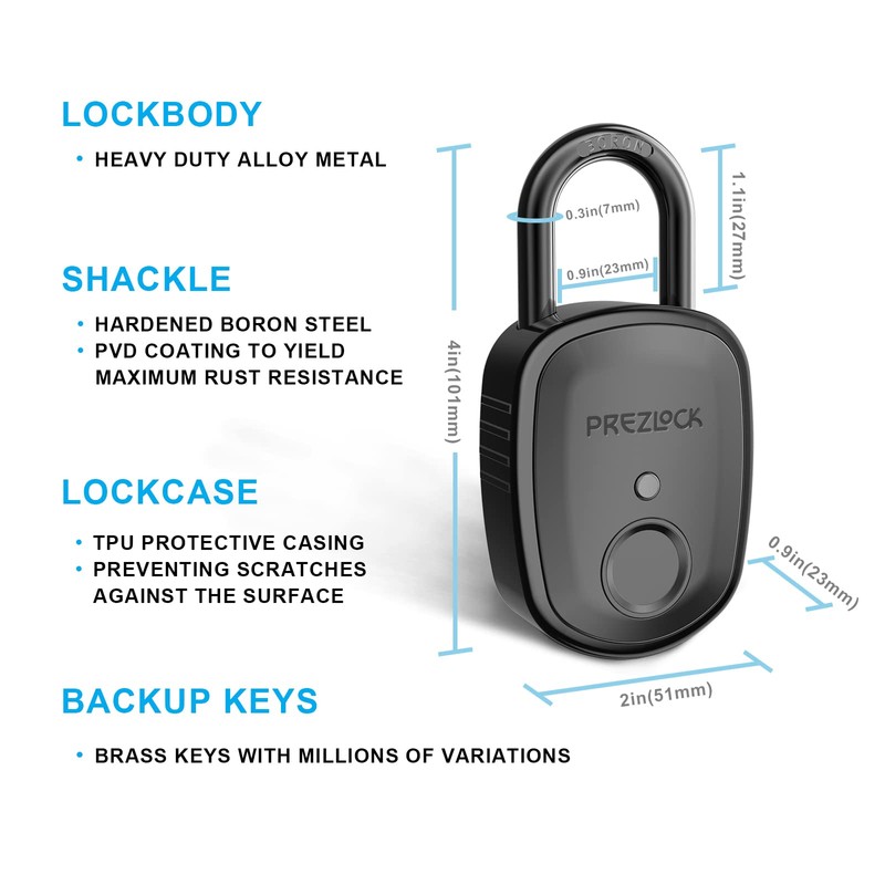 Prezlock Fingerprint Padlock with Key Backup, 2keys, Smart Padlock with