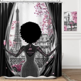 Omifly Black Girl Shower Curtain 60Wx72H Inch African American Woman Pink Flowers Paris Eiffel Tower Cherry Blossom Modern Romantic with 12 Plastic Hooks Fabric Waterproof Toilet Accessories Decor