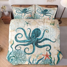 WeCozy Comforter Set Twin Size with Pillowcase, Sea Coral Octopus 2 Pcs Bedding for Kids and Adults, Beach Summer Ocean Animal Soft Comforter Set for Bedroom Bed Decor