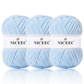 NICEEC 3 Skeins Chenille Yarn Light Worsted Weight Yarn Blanket Yarn for Knitting Fancy Yarn for Crochet Weaving DIY Craft Total Length 3×200m (3×218yds, 3×100g)_Light Blue