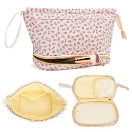 Long Keeper Floral Aesthetic Cosmetic Bag Women Cotton Double Layer Large Make Up Bag Flower Travel Toiletry Organizer Bag, Red Flower, one size, Trendy
