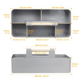 ChengFu Baby Shower Caddy Plastic Nursery Portable Storage Organizer Caddy Tote for Child/Kids, Divided Basket Bin with Wood Handle for Bathroom, Dorm Room, Holdsn Bottles, Spoons, Gray