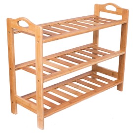 BIRDROCK HOME 3 Tier Free Standing Shoe Rack with Handles | Bamboo | Wood | Closets and Entryway | Organizer | Fits 9 Pairs of Shoes