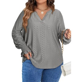 Eytino Plus Size Tops for Women Split V Neck Puff Long Sleeve Summer Loose Blouse Shirts,2X Gray