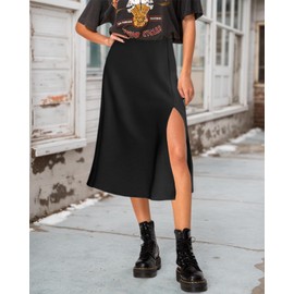 Women's Side Slit A Line Satin Midi Skirt Elastic High Waisted Cheetah Leopard Print Silk Long Skirts for Women