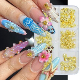 6 Grids Gold Nails Rhinestones Summer Beach Nail Charms 3D Shell Starfish Nails Gems Multi Shape Shiny Flat Black Nails Diamond Ocean Life Nail Jewels for Women Girls Acrylic Manicure Decorations