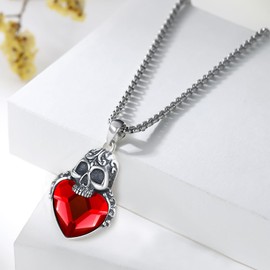 PARYFO Skull Necklace 925 Sterling Silver Skull Pendant Chain Crystal Skull Chain Gothic Jewellery for Women Girls, Sterling Silver, Red Crystal