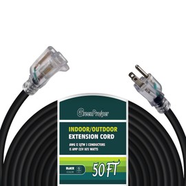 GreenProsper 50 FT Black Extension Cord with Lighted End, 12 AWG 3 Prong Indoor Outdoor Heavy Duty Waterproof Power Cable for Major Appliance, 12/3 SJTW UL Listed