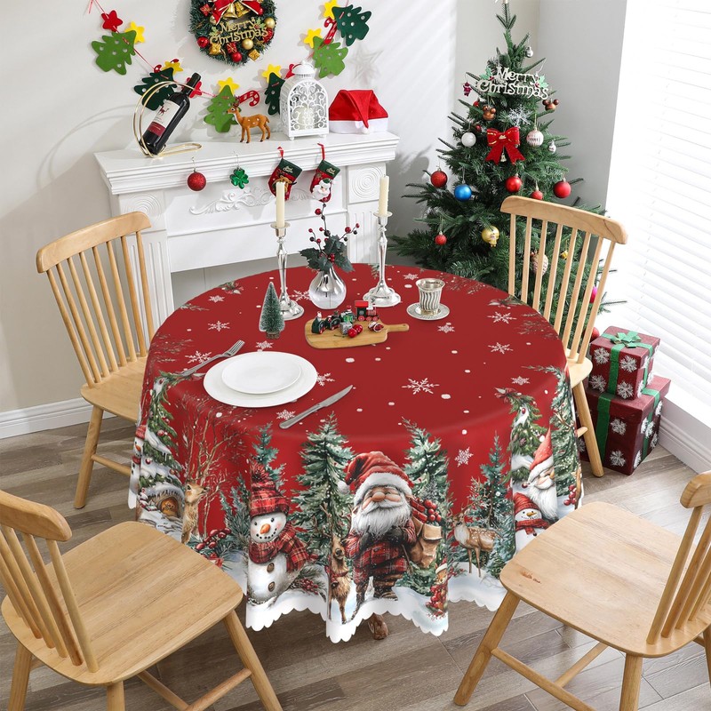 Round Christmas Tablecloth 60 inches - Red Snowman Table Cloth