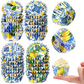 800 pcs mini Capri Lemon Muffin Liners Blue yellow Lemon Cupcake Wrappers Yellow Blue Paper Baking Cup Greaseproof Italian for Birthday Wedding Lemon Party Supply, 1.38 x 0.79''