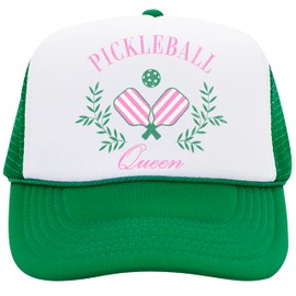 Pickleball Queen Trucker Hat Funny Sporty Pickleball Graphic Classic 5 Panel Mesh Snap Back White/Kelly Trucker Hat