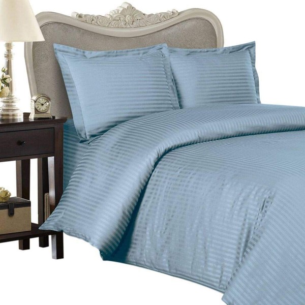 SEVEN (7) Piece CAL KING Size Set, BLUE Damask Stripe,