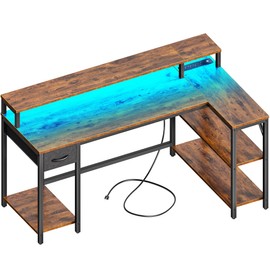 SUPERJARE 53 inch Reversible L Shaped Desk with LED Lights & Power Outlets, Computer Desk with Shelves & Monitor Stand, Gaming Desk with Drawer, Home Office Desk Corner Desk, Rustic Brown