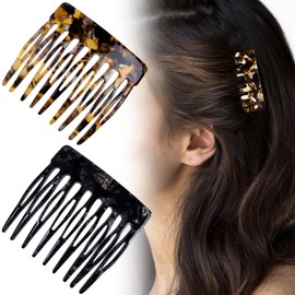 YALOJE 2pcs French Hair Side Combs, Tortoise Shell French Twist Small Curved Hair Clips, Strong Hold Decorative Hair Accessories for Women Wedding, Party - Black, Brown Onyx