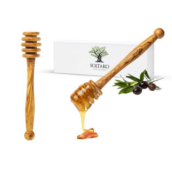 SOLTAKO High-quality honey spoons in a set of 2 made from exclusive olive wood - honey lifter for a unique honey enjoyment - Syrup honey spoon dispenser handmade - 15 cm long
