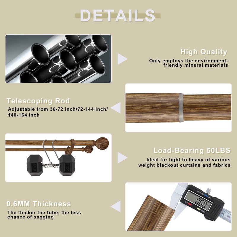 Mayrhyme Wood Double Curtain Rods Set for Windows 72 to